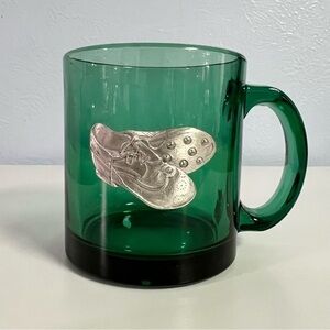 Vintage Emerald Green Glass Mug With Pewter Shoes Emblem, Made in USA 12oz
